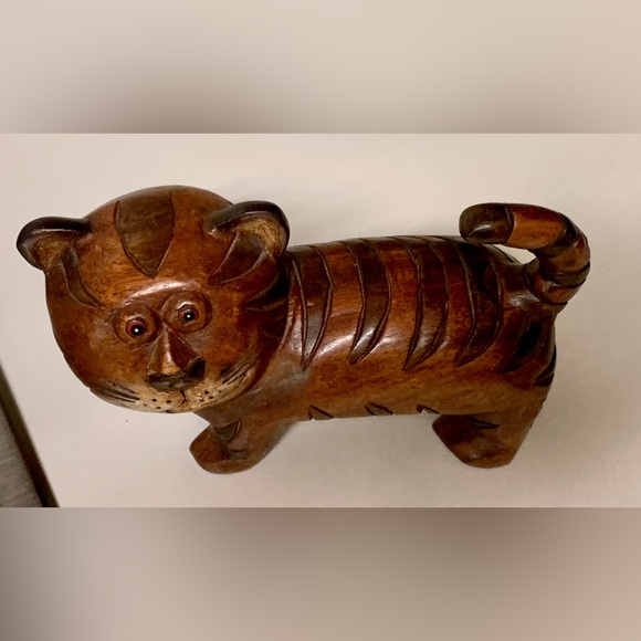 Vintage Mid Century Antique Solid Hand Carved Baby Tiger Cat Figurine Sculpture - Picture 15 of 16